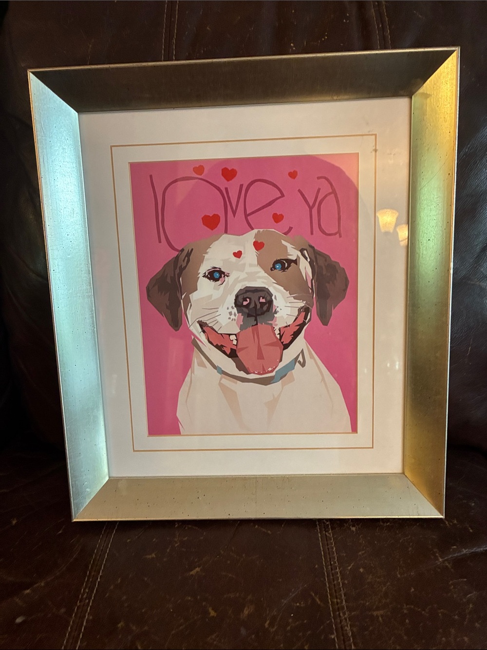 Pink "Love Ya" Dog Art Print in Silver Frame
